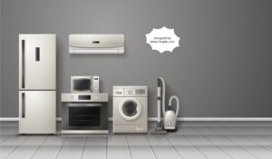 various household appliances including refrigerator, microwave