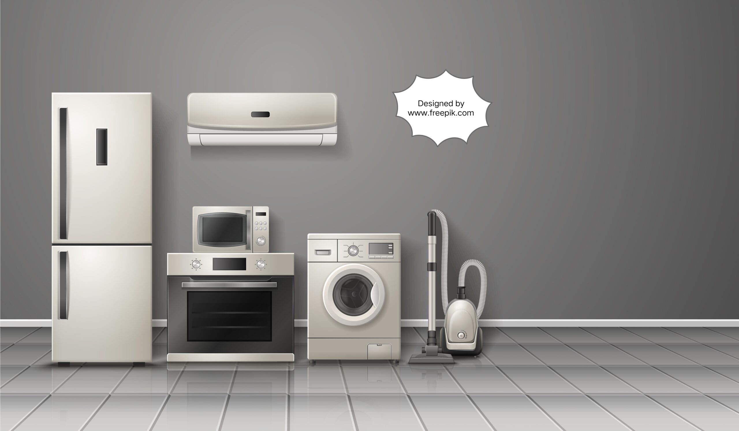 various household appliances including refrigerator, microwave